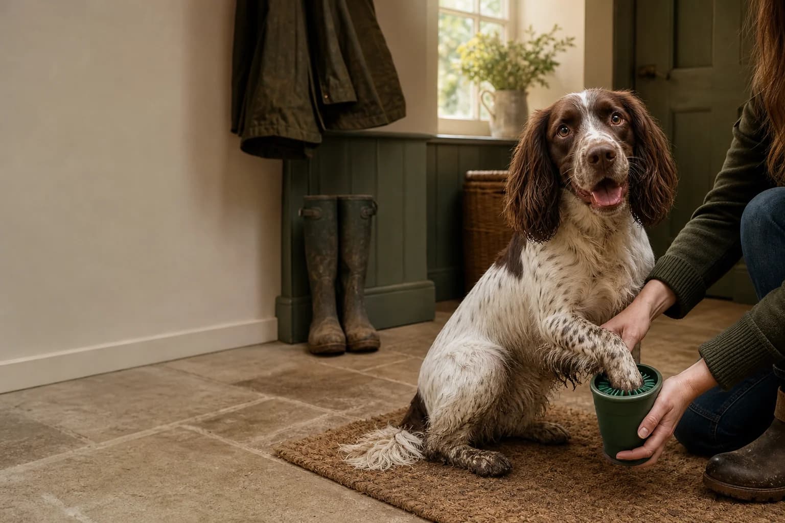 A muddy spaniel having its paw cleaned with a green silicone paw cleaner cup in a cottage hallway
